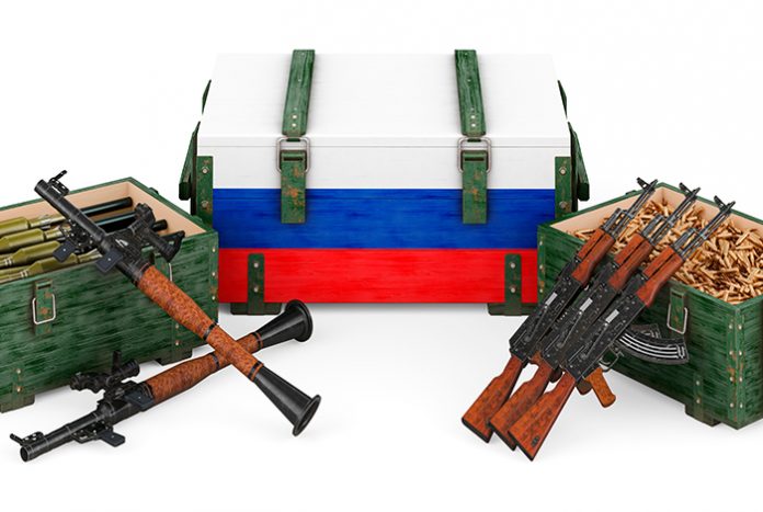 Weapons, military supplies in Russia, concept. 3D rendering