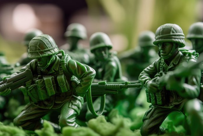 Green plastic toy soldiers in the middle of a war, generative ai